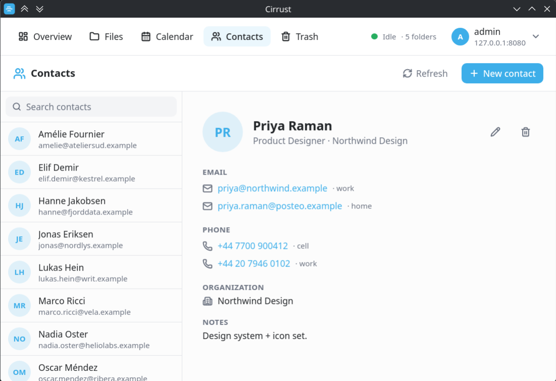 Cirrust Contacts: searchable list on the left, selected contact's details on the right