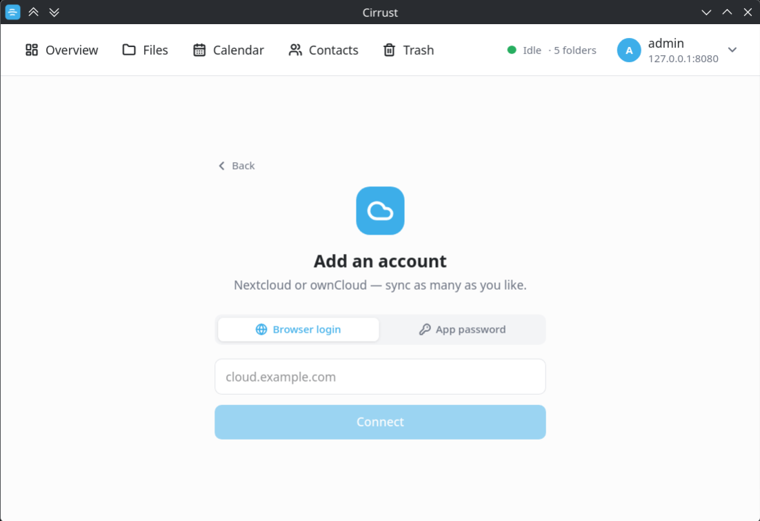 Cirrust's Add an account screen: a server address field with Browser login and App password options