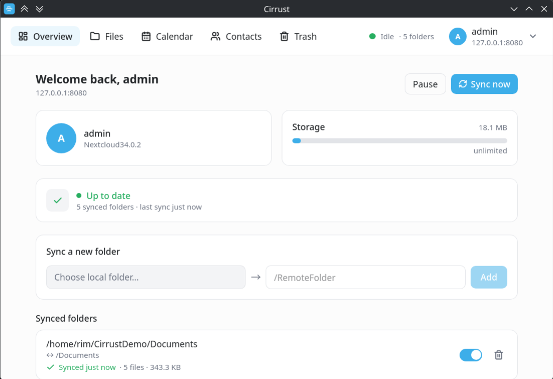 Cirrust Overview: sync status, storage quota and the list of synced folders
