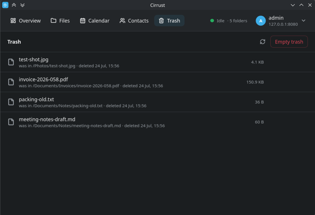 Cirrust Trash view listing deleted files with their original locations and deletion times